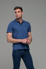 Κοντομάνικο ανδρικό πόλο μπλε denim SW με μπλε λεπτομέρεια για γιακά- Slim Fit
