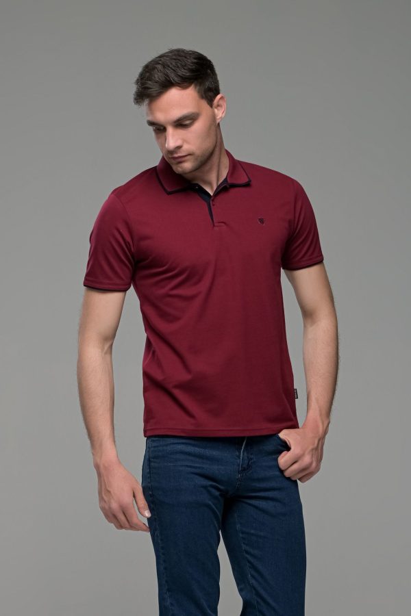 Κοντομάνικο ανδρικό πόλο μπορντό SW με μπλε περίγραμμα - Slim Fit