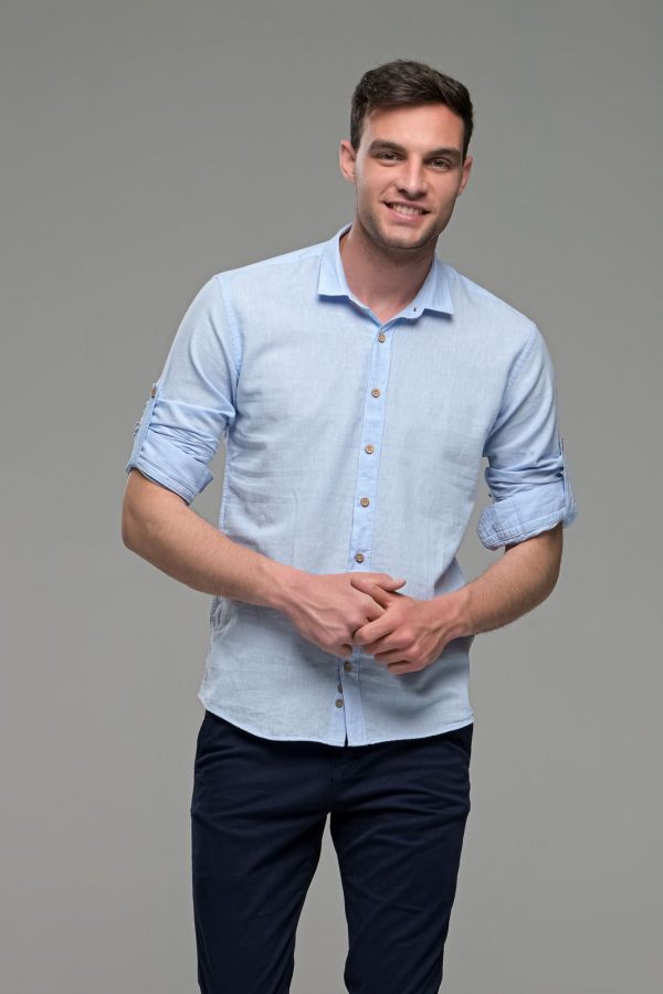 Λινό ανδρικό πουκάμισο γαλάζιο - Slim Fit