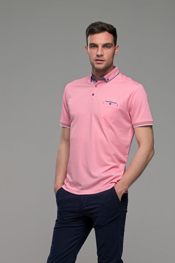 Πόλο ανδρικό μπλουζάκι ροζ MS με κοντό μανίκι και τσεπάκι – Slim Fit