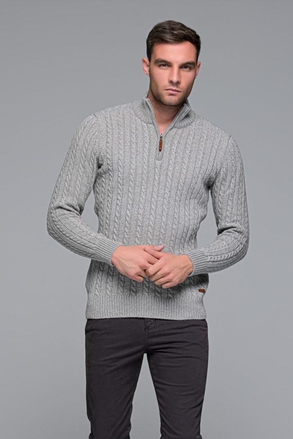 Μάλλινο γκρι ανδρικό πλεκτό MASSARO με πλέξη κοτσίδα