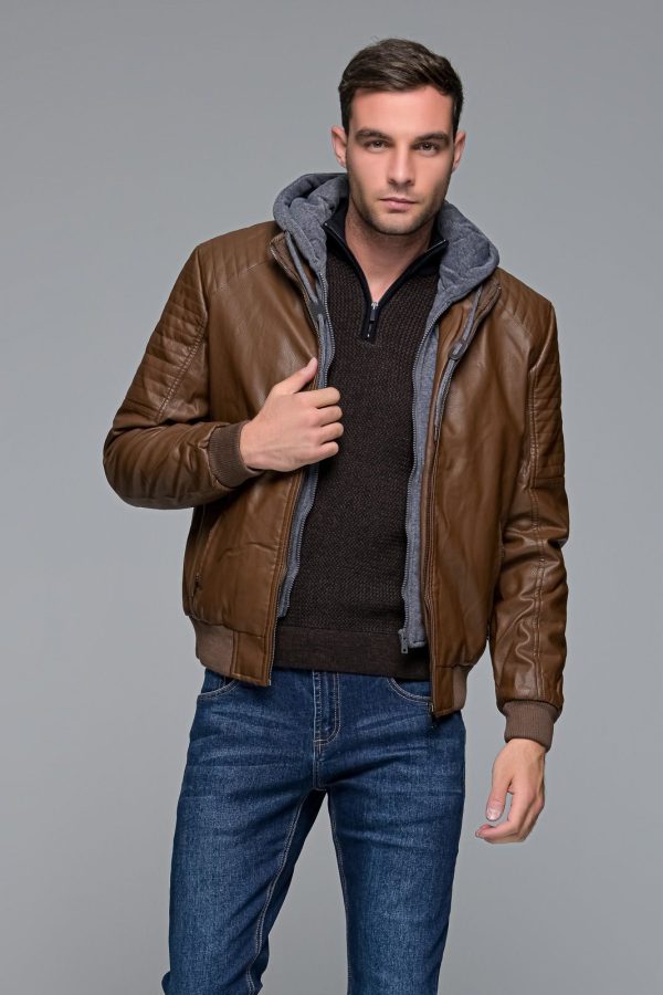 Καφέ δερμάτινο ανδρικό μπουφάν PU PAPARAZZI με αποσπώμενη κουκούλα