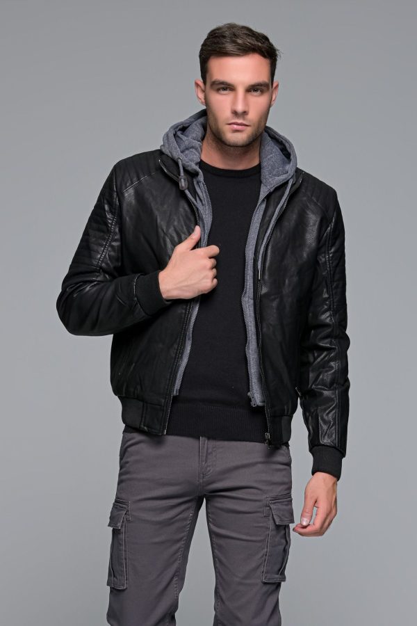 Μαύρο δερμάτινο ανδρικό μπουφάν PU PAPARAZZI με αποσπώμενη κουκούλα