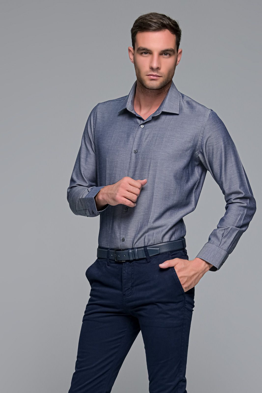 Μπλε oxford ανδρικό πουκάμισο PAPARAZZI χωρίς Τσεπάκι - Slim Fit