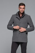 Γκρι ανδρικό μάλλινο παλτό κοντό με αποσπώμενο γιλέκο