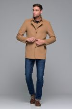 Καμηλό ανδρικό μάλλινο παλτό κοντό με αποσπώμενο γιλέκο