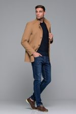 Καμηλό ανδρικό μάλλινο παλτό κοντό με αποσπώμενο γιλέκο