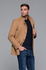 Καμηλό ανδρικό μάλλινο παλτό κοντό με αποσπώμενο γιλέκο