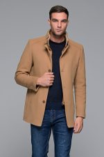 Καμηλό ανδρικό μάλλινο παλτό κοντό με αποσπώμενο γιλέκο