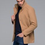 Καμηλό ανδρικό μάλλινο παλτό κοντό με αποσπώμενο γιλέκο
