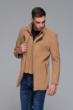 Καμηλό ανδρικό μάλλινο παλτό κοντό με αποσπώμενο γιλέκο