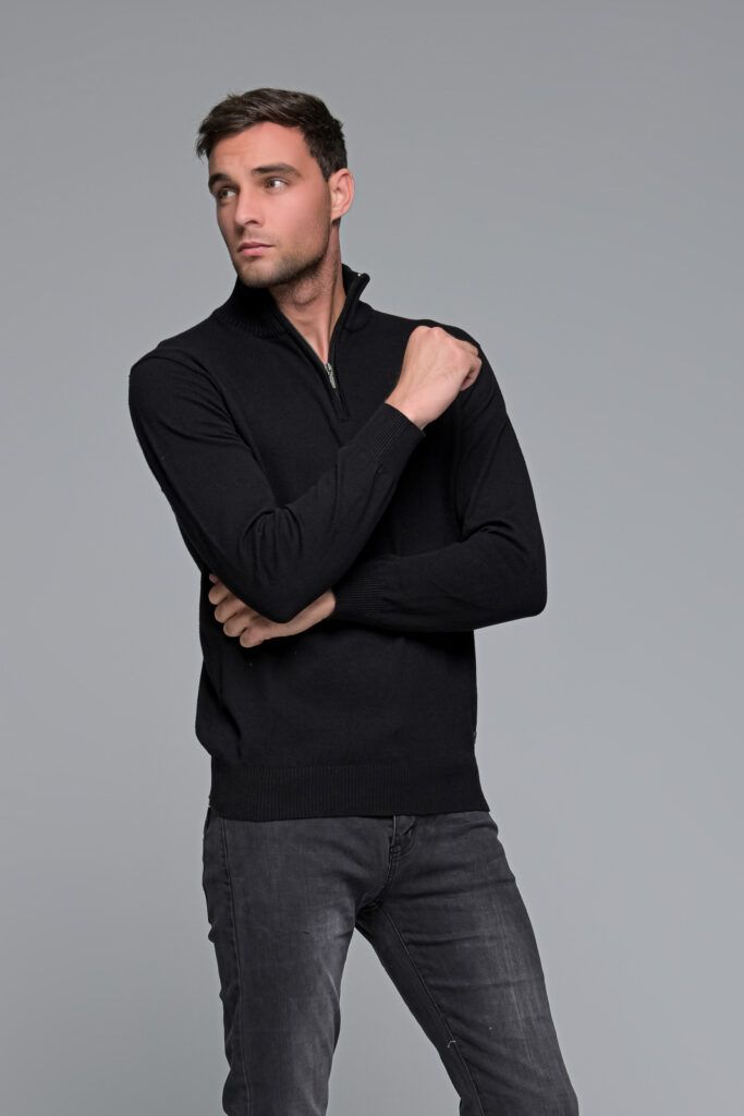 Μαύρο βαμβακερό ανδρικό πλεκτό FR με φερμουάρ