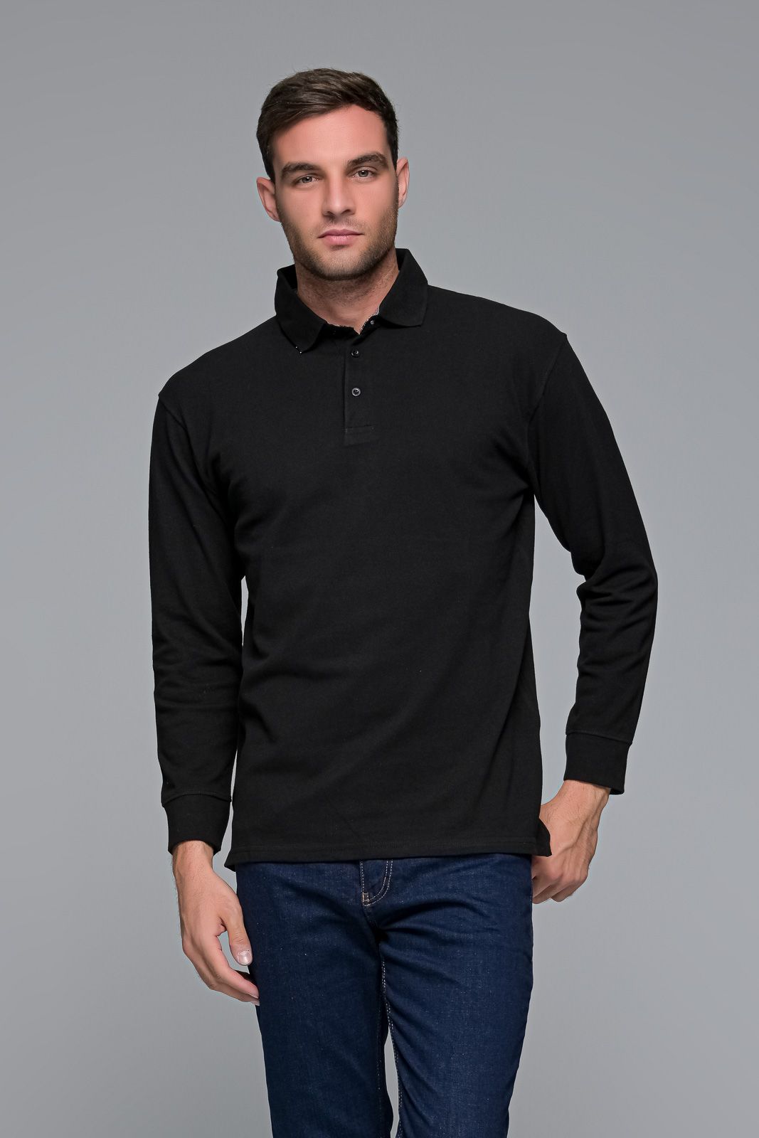 Μαύρο βαμβακερό ανδρικό πόλο μπλουζάκι μακρυμάνικο - Classic Fit