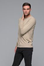 Βαμβακερό μπεζ ανδρικό πλεκτό FR με λαιμόκοψη