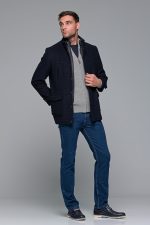 Μπλε ανδρικό μάλλινο παλτό κοντό με αποσπώμενο γιλέκο