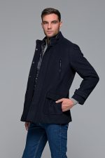 Μπλε ανδρικό μάλλινο παλτό κοντό με αποσπώμενο γιλέκο