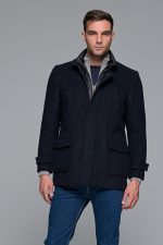 Μπλε ανδρικό μάλλινο παλτό κοντό με αποσπώμενο γιλέκο