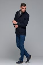 Μπλε ανδρικό μάλλινο παλτό κοντό με αποσπώμενο γιλέκο