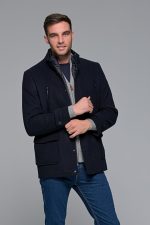 Μπλε ανδρικό μάλλινο παλτό κοντό με αποσπώμενο γιλέκο