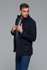 Μπλε ανδρικό μάλλινο παλτό κοντό με αποσπώμενο γιλέκο