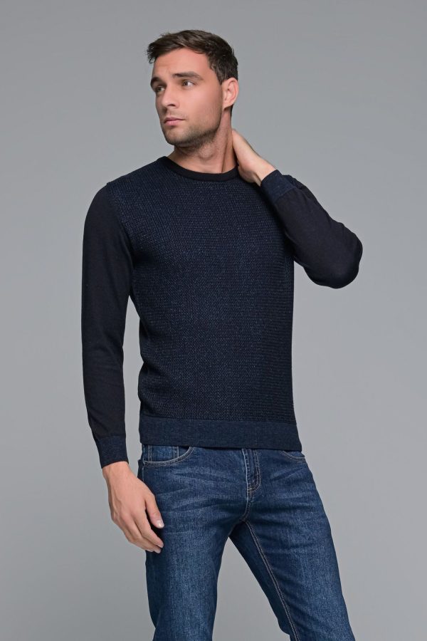 Μπλε ανδρικό πλεκτό πουλόβερ με δίχρωμη πλέξη