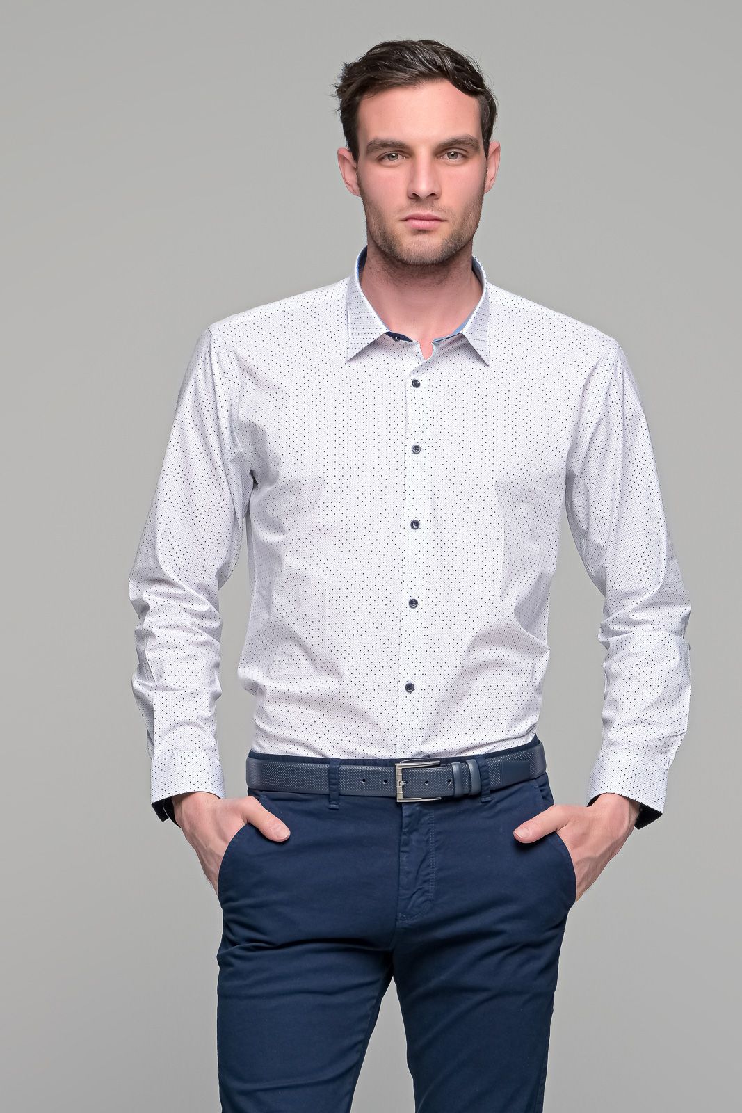 Άσπρο ανδρικό πουκάμισο με μπλε print – Slim Fit