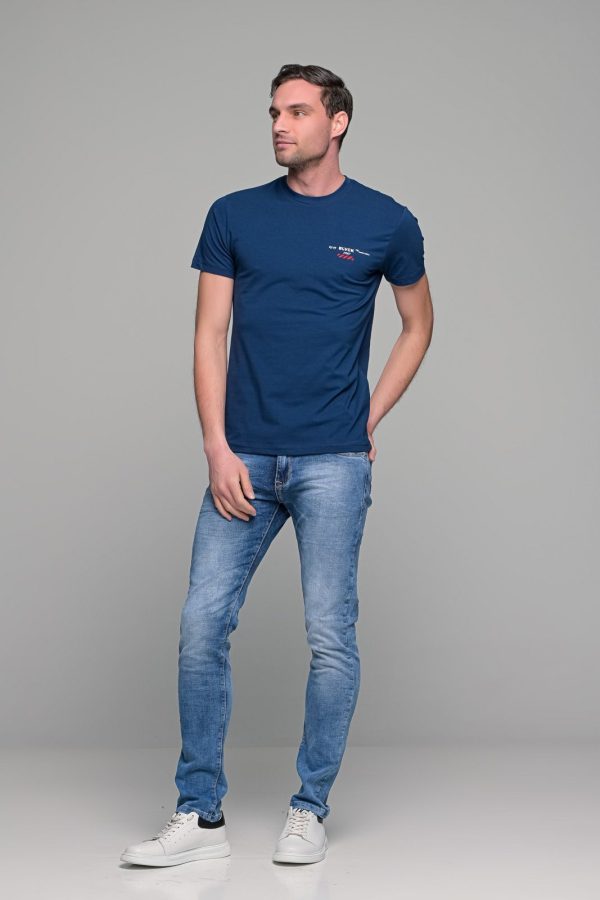Μπλε ανδρικό t-shirt κοντομάνικο με στάμπα BLVCK - slim fit