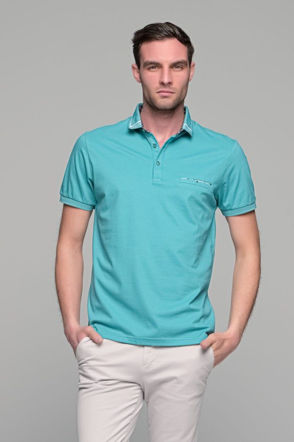 Πράσινο mint ανδρικό πόλο MNT με τσεπάκι και σχέδιο στο γιακά - regular fit