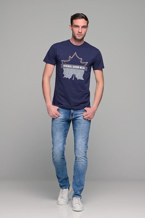 Μπλε κοντομάνικο ανδρικό t-shirt με στάμπα φύλλο- slim fit