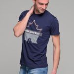 Μπλε κοντομάνικο ανδρικό t-shirt με στάμπα φύλλο- slim fit