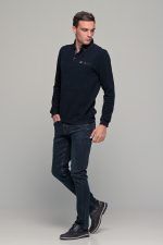 Μπλε ανδρική μακρυμάνικη μπλούζα πόλο MS με κουμπιά βελουτέ