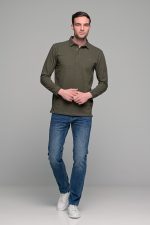 Πράσινο χακί βαμβακερό ανδρικό πόλο μπλουζάκι FR μακρυμάνικο - Regular fit