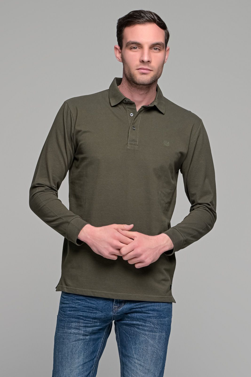 Πράσινο χακί βαμβακερό ανδρικό πόλο μπλουζάκι FR μακρυμάνικο - Regular fit