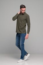 Πράσινο χακί βαμβακερό ανδρικό πόλο μπλουζάκι FR μακρυμάνικο - Regular fit