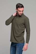 Πράσινο χακί βαμβακερό ανδρικό πόλο μπλουζάκι FR μακρυμάνικο - Regular fit