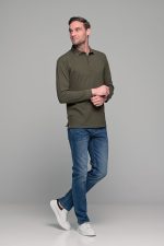 Πράσινο χακί βαμβακερό ανδρικό πόλο μπλουζάκι FR μακρυμάνικο - Regular fit