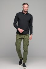 Μαύρο βαμβακερό ανδρικό πόλο μπλουζάκι FR μακρυμάνικο - Regular fit