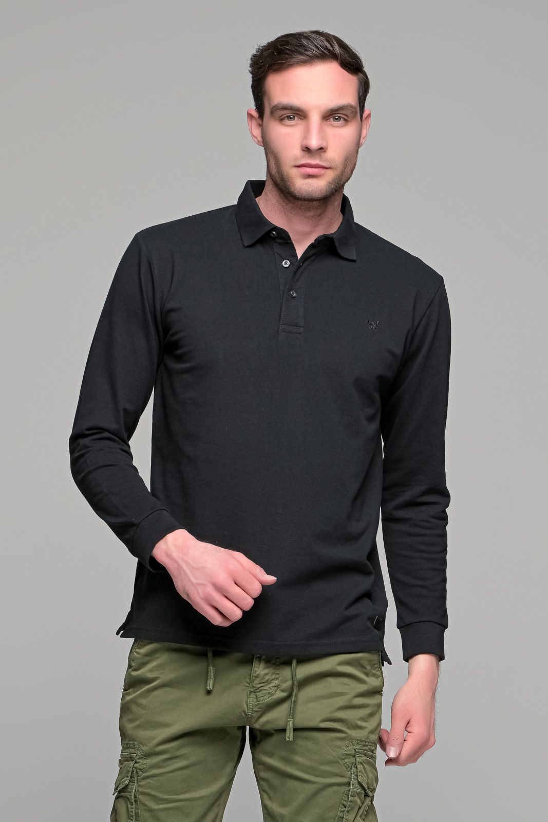 Μαύρο βαμβακερό ανδρικό πόλο μπλουζάκι FR μακρυμάνικο - Regular fit