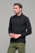 Μαύρο βαμβακερό ανδρικό πόλο μπλουζάκι FR μακρυμάνικο - Regular fit