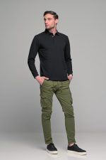 Μαύρο βαμβακερό ανδρικό πόλο μπλουζάκι FR μακρυμάνικο - Regular fit