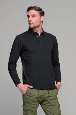 Μαύρο βαμβακερό ανδρικό πόλο μπλουζάκι FR μακρυμάνικο - Regular fit