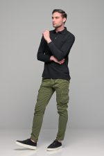 Μαύρο βαμβακερό ανδρικό πόλο μπλουζάκι FR μακρυμάνικο - Regular fit