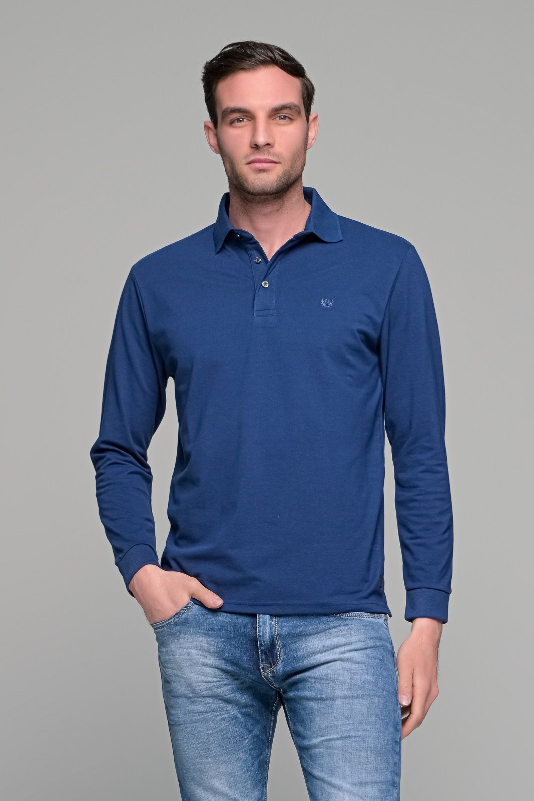 Μπλε royal βαμβακερό ανδρικό πόλο μπλουζάκι FR μακρυμάνικο - Regular fit