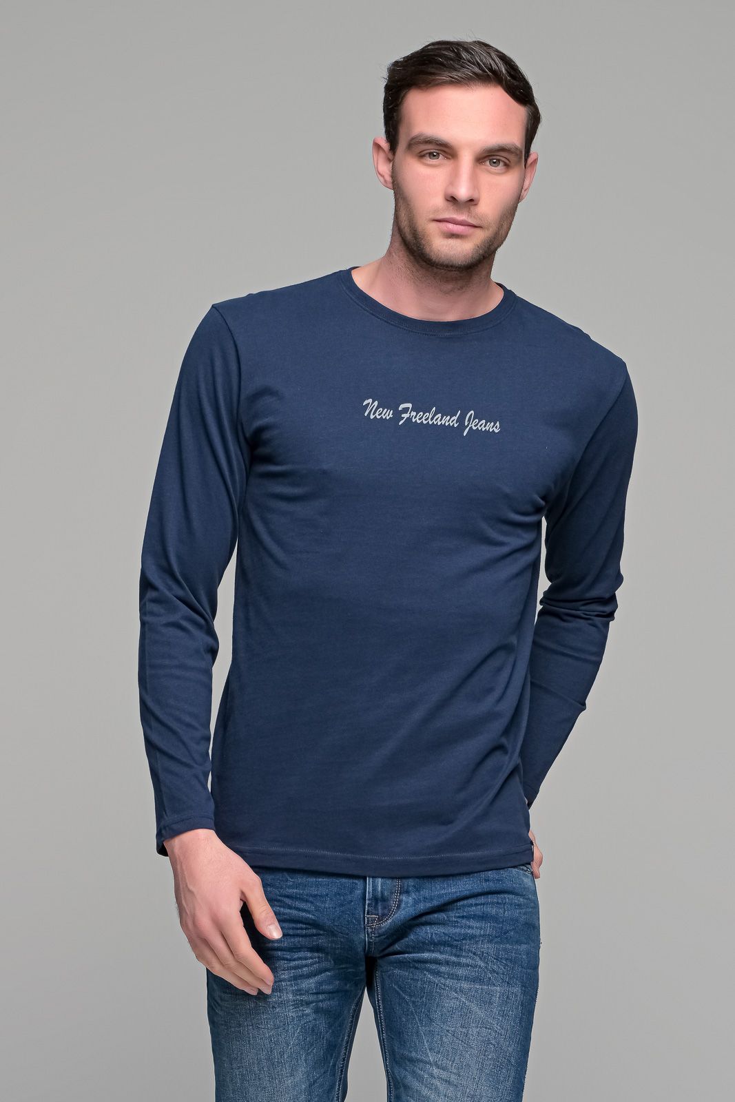 Μπλε ανδρικό μακρυμάνικο t-shirt μπλούζα με στάμπα New Jeans