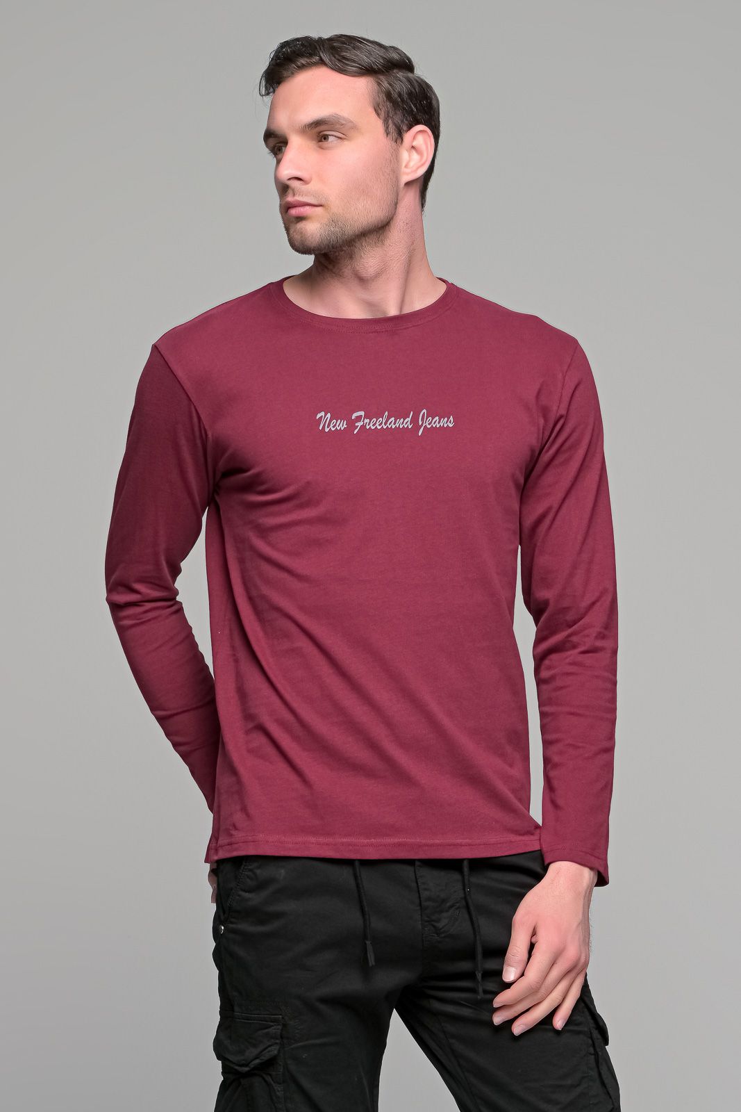 Μπορντό ανδρικό μακρυμάνικο t-shirt μπλούζα με στάμπα New Jeans