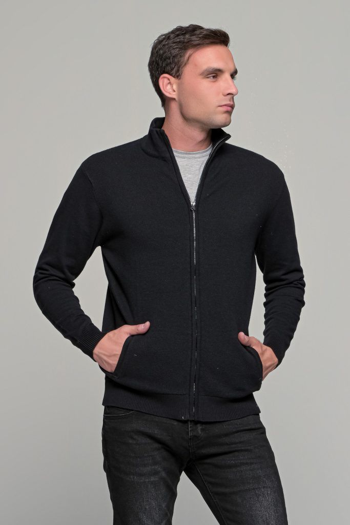 Μαύρη ανδρική ζακέτα βαμβακερή με φερμουάρ - regular fit