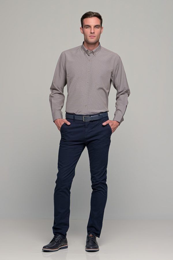 Φθηνό καρό ανδρικό πουκάμισο PAPARAZZI καφέ κάμελ μπεζ με τσεπάκι - Classic fit