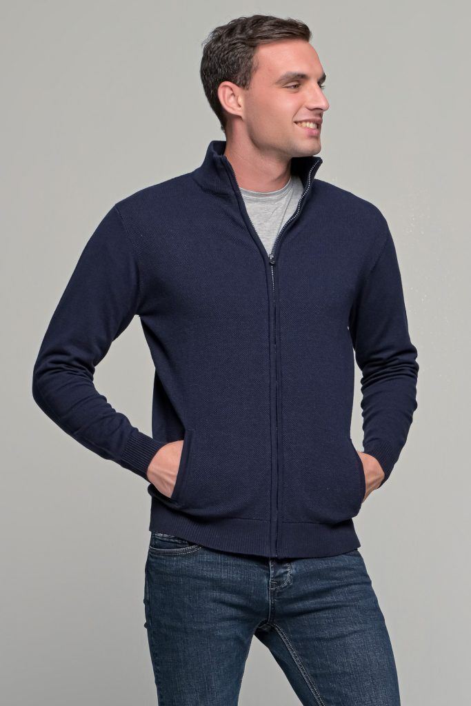 Μπλε ανδρική ζακέτα βαμβακερή με φερμουάρ - regular fit