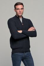 Μπλε ανδρική ζακέτα massaro μάλλινη με φερμουάρ και πλέξη γκοφρε - regular fit