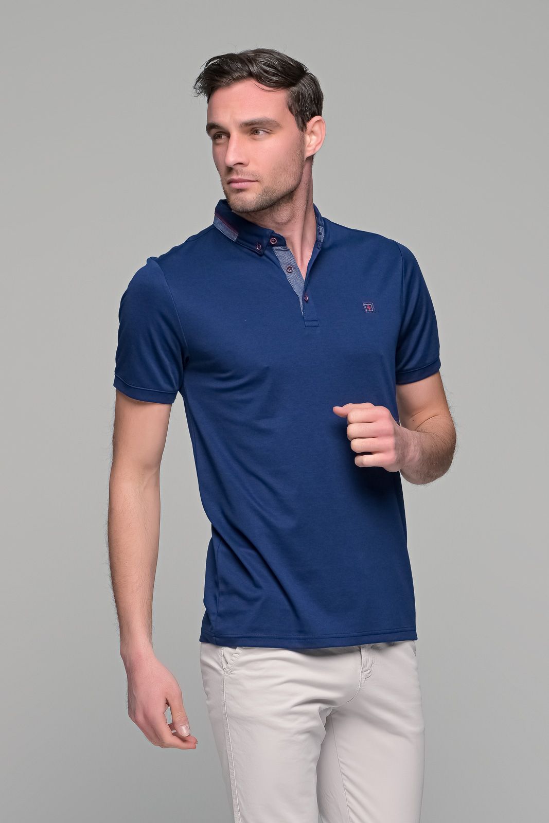 Πόλο ανδρικό μπλουζάκι μπλε MS με κοντό μανίκι και σχέδιο στο γιακά – Slim Fit
